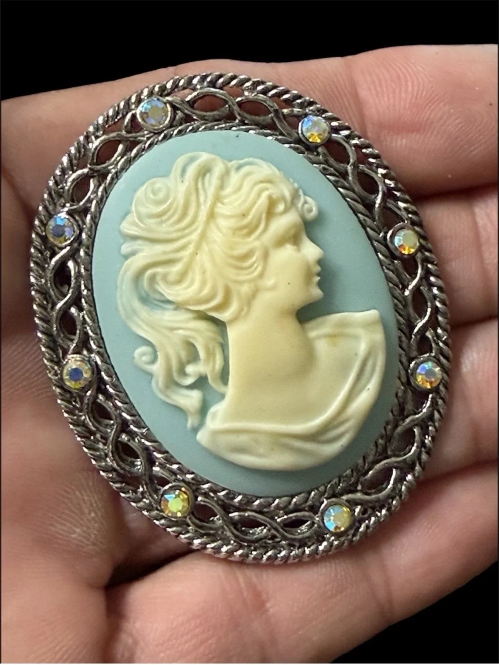 Vintage Blue Cameo Brooch Pin Silver Rhinestone Victorian Revival Large MCM